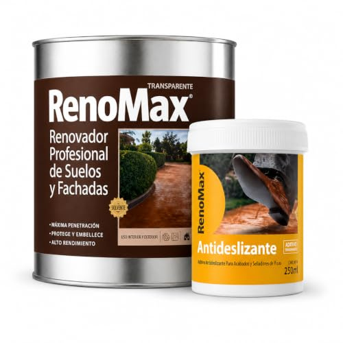 Renomax - Resina Hormigon Impreso y Superficies Porosas Al Disolvente + Aditivo Antideslizante en Polvo | Repara y Protege Suelos y Fachadas | Fácil de Aplicar, Garantía 5 Años, Certificado C3, 20m