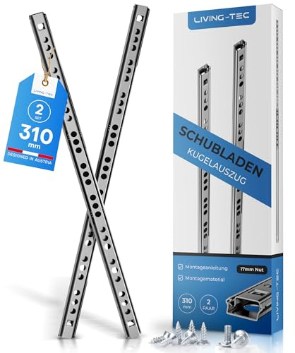 LIVING-TEC Schubladenschienen 310 mm 2 Paar Gleitschiene 17 mm Nut Stahl | Auszugsschienen für Schubladen & Möbel - leichtgängig, inkl. Montageschrauben - für Küche, Büro & Werkstatt