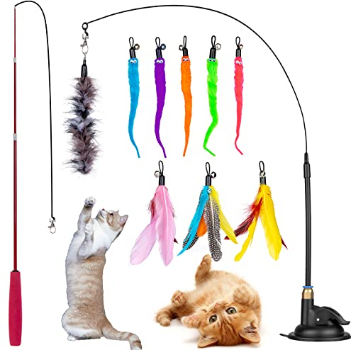 GOHHME 12pcs Katzenspielzeug Spielzeug Federn, Katzenspielzeug Angel Spielzeug mit 1 Stück Katzenstäbe 9 STK Feder Ersatz mit Glocken 1 Stück Katzenstab für Trottel und 1 Saugnäpfe für Kätzchen