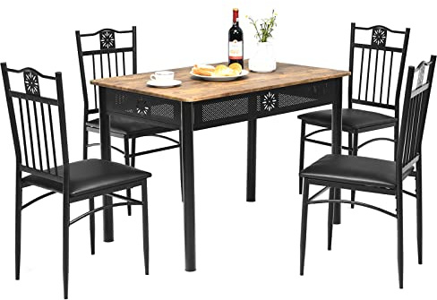 RELAX4LIFE Esstisch mit 4 Stühlen, Essgruppe 5-teilig, Esstisch-Set mit Gepolstertem Stuhl & Metallrahmen, Modernes Esszimmer-Set mit Küchentisch 4 Stühlen, Sitzgruppe für Esszimmer Wohnzimmer (Black)