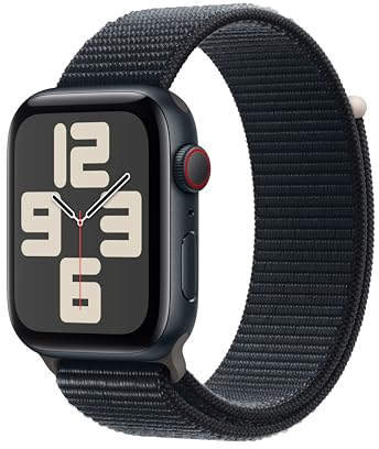 Apple Watch SE (2ᵉ génération, 2023) (44 mm GPS + Cellular) Smartwatch avec boîtier Aluminium et Boucle Sport Minuit. Suivi de l’activité Physique et du Sommeil, écran Retina, Neutre en Carbone