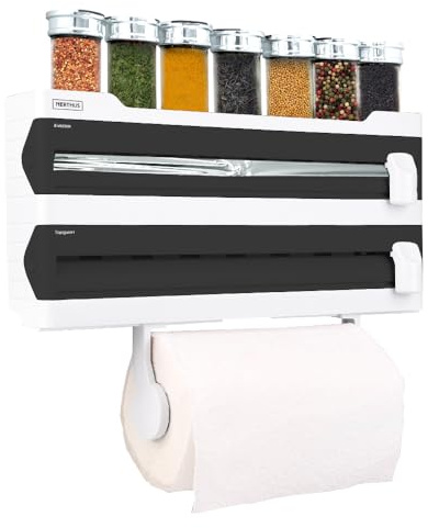 NERTHUS FIH 1256 Portarotoli da parete, dispenser triplo, dispenser alluminio e film con taglio, mensola portaspezie