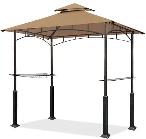 Eurmax USA Grill-Pavillon, Unterstand für Terrasse und Außenbereich, Hinterhof-Grills, doppelstöckig, weiche Oberseite und Stahlrahmen mit Bartheken, Bonus-LED-Licht X2 (Khaki)