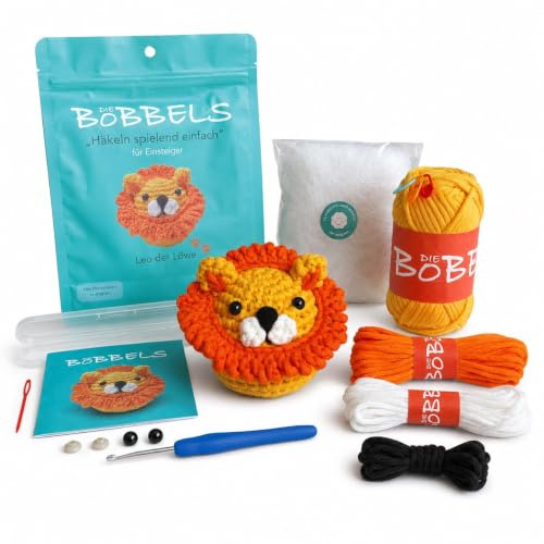 Die Bobbels“ Einsteiger Häkelset für Anfänger mit kinderleichtem Garn, Hilfsmitteln und Schritt-für-Schritt Videoanleitung (Löwe)