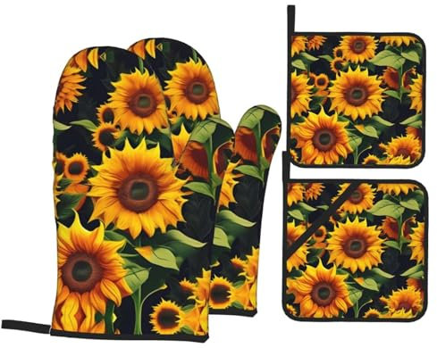Bellissimo set di guanti da forno e presine con girasole, perfetti per cucina e San Valentino, set di guanti da cucina resistenti