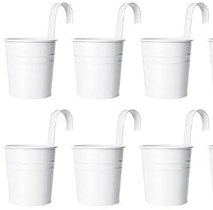 Wensmy 6Pcs Metal Iron Flower Pot Vase Hanging Balcony Fence Planters with Hooks Garden Hanging Flower Holder with Drainage Hole for Railing Fence Balcony (6Pcs White)