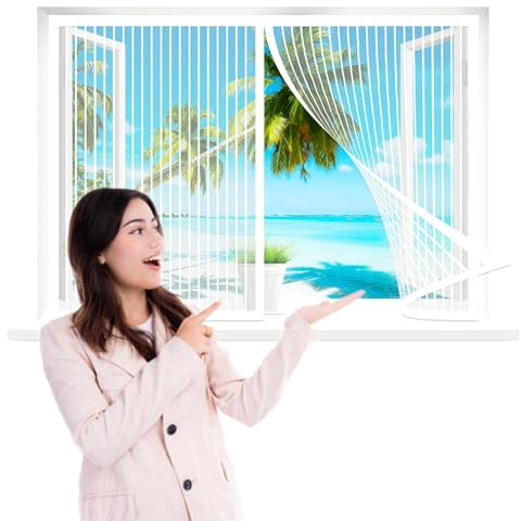Magnet Fliegengitter Fenster 195 x 120 cm, Insektenschutz Mückennetz Fliegengitter Balkontür, Automatisches Schließen für Alle Arten von Fenstern, Weiß