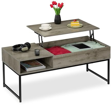 Relaxdays Couchtisch aufklappbar, HBT 45x110x50 cm, Seitenfach, Wohnzimmertisch mit Stauraum, Holzoptik & Metall, Farben