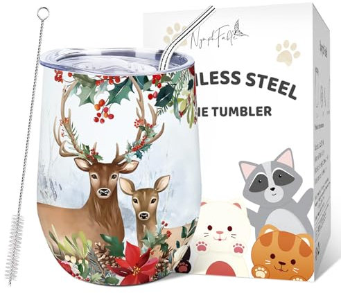 NymphFable 12oz Tasse Thermos Café de Noël avec Couvercle et Paille Mug Isotherme en Acier Inoxydable Tasse à Café de Voyage