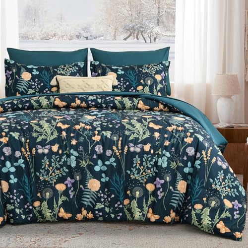 Yiran King Size Comforter Set 7 Pieces, Peacock Blue Botanical Floral Winter Comforter Bedding Set, Bed in a Bag King, Soft Microfiber Complete Bedding Set with Sheets for All Season