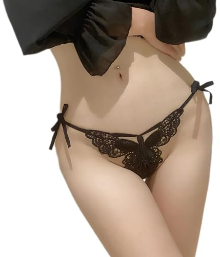 syiyunran Bragas de Encaje Las Mujeres Baja Altura - Negro Conjunto 3 Piezas, Mariposa Elemento Hipster Tanga, Lencería Suave para Mujeres, hasta Triángulo Escote Bordado Braguitas Correa de Cuerd