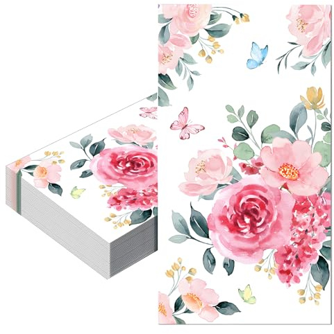 20pcs Watercolor Floral Napkins - Pink Rose, Vintage Wild Flower, 40x33cm, Disposable Serviettes for Girls Women Birthday Wedding Engagement Party