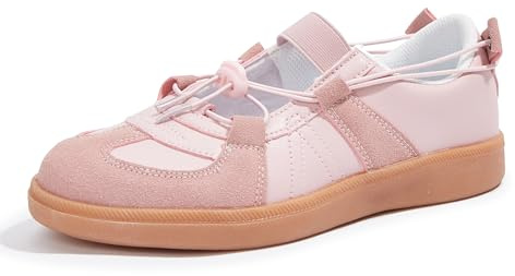 LUCKY STEP Women's Ballet Fashion Sneakers Casual Comfortable Retro Flats Lightweight Breathable Skate Shoes(9 M US Pink)
