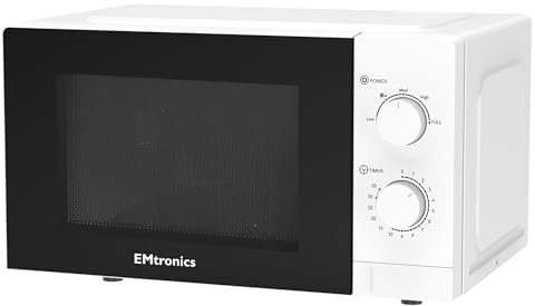 EMtronics 20 Litre 700W Manual Control Microwave with 5 Power Levels, Defrost Function, 35 Minute Timer and Cavity Light - White