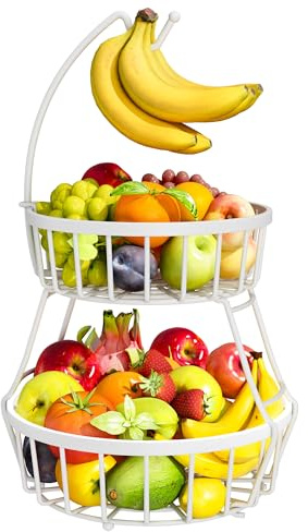 OrderlyGo Thicken Fruit Bowl Basket with Banana Hanger - Durable Detachable Kitchen Countertop Organizer for Fruits, Vegetables, Snacks, Metal Wire Countertop Storage Basket for Kitchen (White)