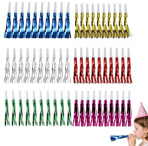 60 pezzi colorati rumorosi, soffiatori per feste per adulti compleanno fischietti con frange metallizzati glitterati per laurea, compleanno, Capodanno, bomboniere sportive (multicolore)