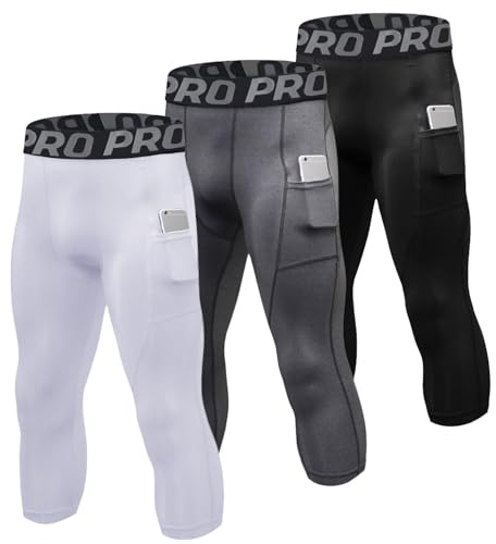 LNFINTDO 2-pack kompressionsbyxor herr 3/4 sportleggings snabbtorkande löpartights med fickor andas kompressionsbyxor för fitness gym jogging träning basket, Svart + grå + vit, M