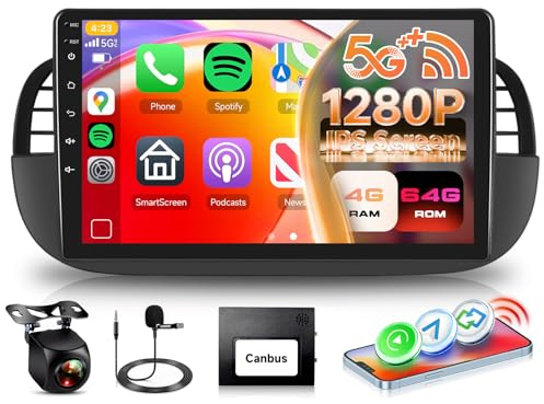 4G+64G Car Radio Stereo for Fiat 500 2007-2015(Black) 5GWiFi DSP/32EQ | Hodozzy 9 1280P IPS Touchscreen Fiat 500 Carplay Radio with Wireless Android Auto BT 5.0 GPS FM/RDS SWC Reverse Camera