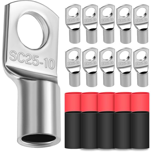 Lot de 10 cosses de câble tubulaires 25 mm² - Diamètre du trou M10 - Cosses à anneau en cuivre épais non isolées SC avec 10 gaines thermorétractables 3: 1