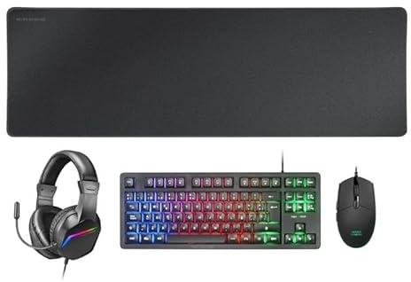 Combo Gaming 4 en 1 Negro – Teclado mecánico RGB, ratón, Almohadilla y Auriculares, Ideal para Gamers y Uso Diario.