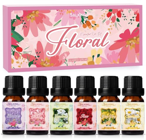 SALKING Blommor Eteriska oljor Set, Aromaterapi Doftolja Presentförpackning, Rena doftoljor för diffusorer och luftfuktare, 6x10 ml (lavendel, körsbärsblomma, gardenia, ros, ylang-ylang, kamomill)