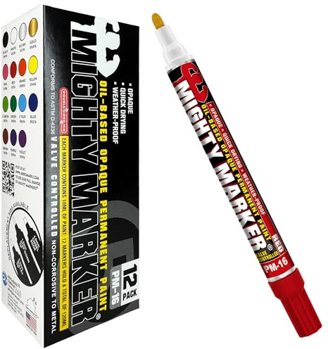 Mighty Marker PM-16 Paint Marker, Oil Based, Permanent, Quick Drying, 2.3mm Bullet Tip, Industrial Paint Pen for Contractors and Welders, Red 12 Box