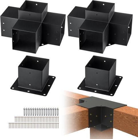 Kit de 4 supports de pergola 15 x 15 cm pour poteaux en bois avec 2 bases pour tonnelle, pergolas et cabines - 4 pièces au total