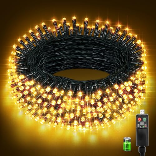 Guirlande Lumineuse,Guirlande Lumineuse Exterieure Rechargeable USB avec 1200mAh Batterie,20+3M 200LED Guirlande Exterieur,8 Modes,Minuterie,Fonction Mémoire,Étanche IP44 Noël Decoration,Blanc Chaud