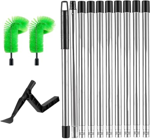Limpiador de canalones con mango telescópico de 10 piezas, 2 cepillos para canalones + paleta, 390 cm de longitud, fácil de desmontar, multifuncional para canalones, limpieza de ventanas