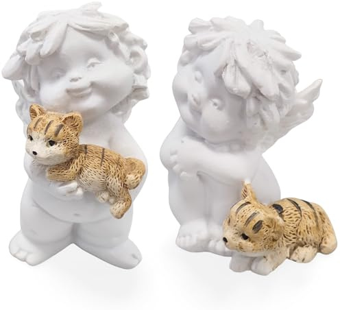 IGOR Engel-Paar mit Katze: Schutzengel Figuren, Deko Engelsfiguren, Skulptur Polyresin, Kleine Dekoengel Tiere, Dekofiguren Weiß, Geschenk Geburtstag, Muttertag, Weihnachten, Glücksbringer Klein, 7 cm