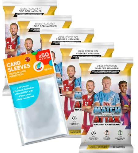 Bundle mit Topps Match Attax Champions League 2025/26 Trading Cards + Exklusive Collect-it Hüllen (5 Booster)