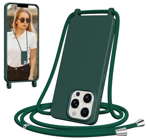 Jrkvniv Coque pour iPhone 12 Pro Max avec Cordon, iPhone 12 Pro Max Collier Étui Silicone avec Tour de Cou Lanière, Réglable, Amovible, Antichoc Bumper Housse iPhone 12 Pro Max Lanyard, Vert