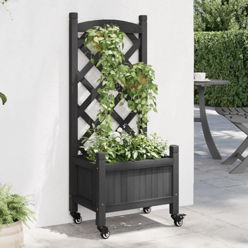 Jardinière avec Treillis,Pot de Fleurs Extérieur en Bois de Sapin Massif avec Roulettes,Support pour Plantes Grimpantes,Design Fonctionnel,pour Balcon,Terrasse,Jardin,Couleur Noir,40 x 30 x 97.5 cm
