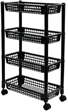 Coopers of Stortford - 4 Tier Trolley on Wheels - Under Counter Storage Organiser with Ventilated Trays Lightweight Recycled Plastic for Fruit Veg and Supplies (Black)