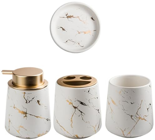 FUOYLOO Juego de Accesorios para Baño de Cerámica Blanco Dos Vasos y Dispensador de Loción, Organizador Multiusos Elegante para Lavabo y Aseo Diario