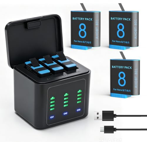Paquete de 3 baterías de repuesto de 2500 mAh para GoPro Hero 8/7/6/5 con estación de carga de batería tipo C de 3 canales