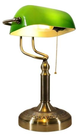 Fynokst Grüne Banker-Tischlampe aus Glas – Klassische Retro-Tischlampe mit Stecker und Bronzesockel, Zugkettenschalter, geeignet für Büro, Bibliothek, Arbeitszimmer, Homeoffice, Schlafzimmer