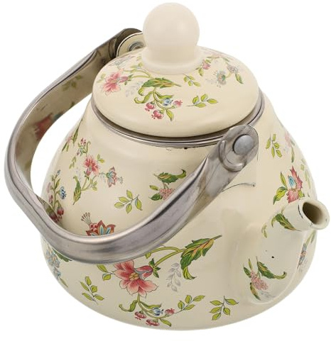 Tetera Vintage de Esmalte 1l con Asa y Colador para Cocina | Acabado Floral Beige, Tacto Frío y Agarre Seguro, Fácil Limpieza, para Pisos y Desayunos Diarios