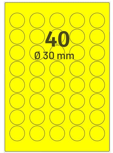 Farbige Etiketten auf A4 Bogen, neongelb - Ø 30 mm - 4.000 Papier Aufkleber auf 100 Blatt, selbstklebende Laser-Etiketten fluorisierend leuchtfarbig