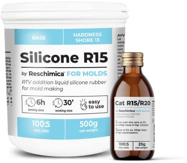 Gomma Siliconica Liquida Bicomponente R15, ideale per Stampi in Silicone morbidi, Indurimento Rapido, stampi fai da te, Ideale per Realizzare Stampi per resina,cera,gesso e cemento (500 gr)