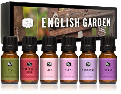 P&J Trading Juego de aceite aromático inglés para jardín | Rosa, Woodbine, tomillo, primula, lirio, peonías | Aceite esencial | 6 x 10 ml