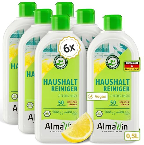 AlmaWin® Haushalt Reiniger [6x 500ml] zur Reinigung & Pflege wasserfester Oberflächen - Allzweckreiniger mit Zitronenduft - Universal Reiniger Konzentrat - Entfernt Schmutz, Fett & Staub - Bio & VEGAN