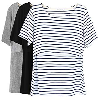 Smallshow Mujer Enfermería Tops de Manga Corta en Capas de diseño Camisas de Lactancia Materna,Black/Grey/White Stripe,L
