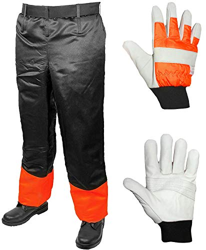 SPARES2GO Sicherheitshose für Kettensäge ohne Sitz (Einheitsgröße, 78,7 cm – 106,7 cm) + gepolsterte Handschuhe (Größe 10)