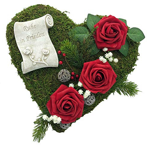 Grabgesteck Grabschmuck Grabaufleger Moosherz Grabherz Trauerherz Grab Herz Gesteck Rosen mit Schriftrolle Für Immer im Herzen (Rosen Rot)