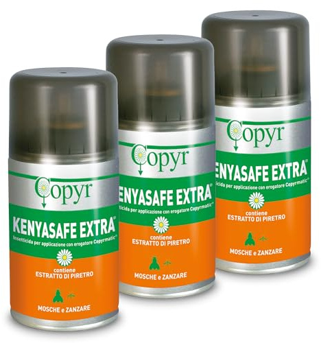 Copyr Kenyasafe Extra - Insetticida Antizanzare, Mosche e Insetti Volanti, 3 Bombole 250ml, Piretro Insetticida Biologico Repellente Zanzare Professionale Casa, Ho.Re.Ca., Settore Pubblico e Sanitario