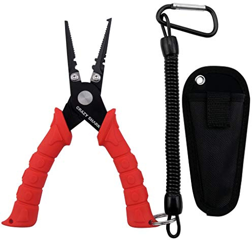 CRAZY SHARK 6 Fishing Pliers, Stainless Steel Fishing Tools, Saltwater Resistant Fishing Gear, Tungsten Carbide Cutters, Split Ring Pliers, Hook Remover with Coiled Lanyard and Sheath