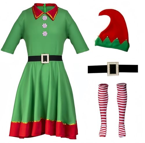 AudMsier Festliche Elfenkleidung Elfenmütze Set Hemd Hosen Kleid Weihnachten Karneval Cosplay Damen Erwachsene