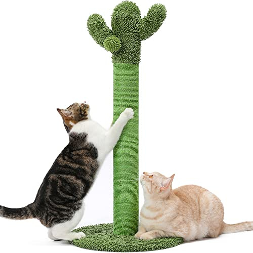Made4Pets Poste rascador para gatos de 34 pulgadas de alto, rascador de cactus para gatos de interior, adultos, garra con cuerda de sisal, árbol vertical verde para gatos con bola colgante para