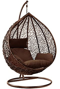 Indoor-Outdoor Hanging Egg Chair with Steel Frame and White Cushion - Garden Swing Seat for Patio Reading and Lounge in Brown
